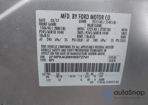 2017 Ford Edge Se z USA, uszkodzony, nr VIN 2FMPK4G98HBB72741